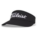 The Titleist Womens Sundrop Visor is a black visor with white cursive lettering on the front, providing stylish sun protection for women golfers.