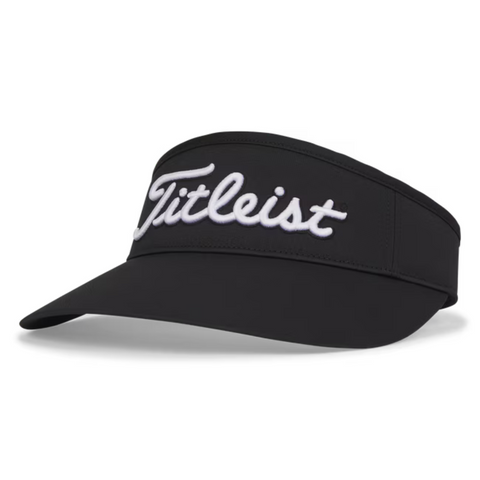 The Titleist Womens Sundrop Visor is a black visor with white cursive lettering on the front, providing stylish sun protection for women golfers.
