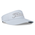 The Titleist Women's Sundrop Visor is a light gray, lightweight sun protection visor featuring a bold white and black outlined Titleist script logo on the front and a curved brim.