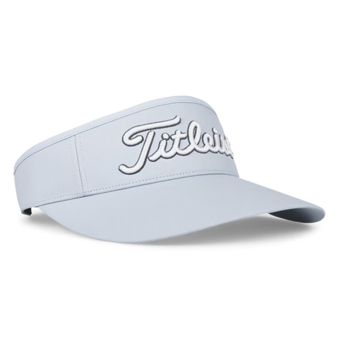 The Titleist Women's Sundrop Visor is a light gray, lightweight sun protection visor featuring a bold white and black outlined Titleist script logo on the front and a curved brim.
