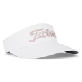 The Titleist Women's Sundrop Visor is a white golf visor with "Titleist" in light pink cursive on the front, featuring a curved brim and wide band for stylish sun protection.
