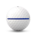 Titleist Pro V1x golf ball with a bue alignment line across the center. The dimpled white surface is visible, with a clear blue dash running horizontally for alignment purposes.