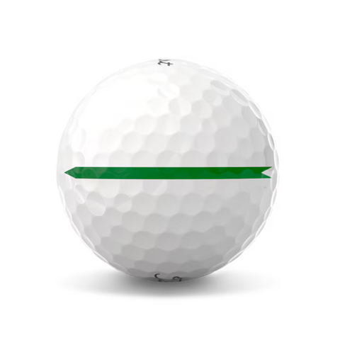 Titleist Pro V1x golf ball with a green alignment line across the center. The dimpled white surface is visible, with a clear green dash running horizontally for alignment purposes.