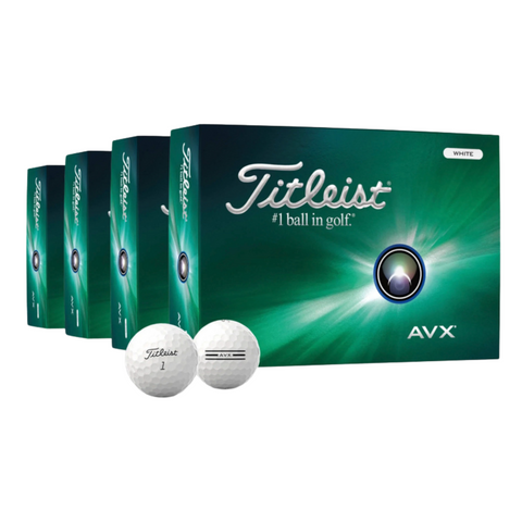 Four boxes of the Titleist AVX Golf Balls shown with 2 balls in front of the boxes