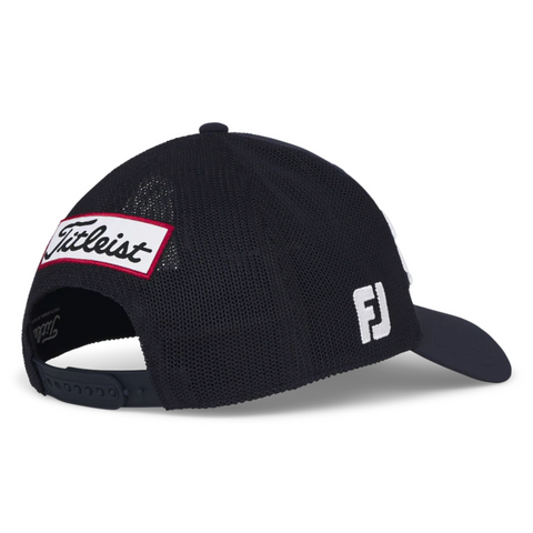 Titleist Black mesh cap back showing the Titleist Logo on the back and FJ logo on the side 