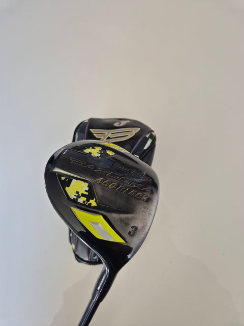 Used right-handed Tour Edge Bazooka 460 Black 3 wood with included headcover, fair condition