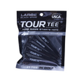 A resealable bag of Tour Tee’s durable Tour Tees, labeled LARGE BLACK SPINE and YOUR GAME STARTS HERE, holds six visible tees. The black bag features white and silver text and is designed for consistent ball height.