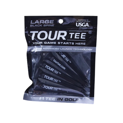 A resealable bag of Tour Tee’s durable Tour Tees, labeled LARGE BLACK SPINE and YOUR GAME STARTS HERE, holds six visible tees. The black bag features white and silver text and is designed for consistent ball height.