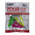 A pack of Tour Tee Tour Tees in assorted neon colors (green, yellow, pink) features durable design, red and white branding, advanced launch technology, consistent ball height, and USGA conformity.