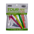 A clear Tour Tee package contains four durable, colorful golf tees—pink, green, yellow, and orange. The packaging highlights features like consistent ball height, PRO NEONS, USGA approved, and #1 Tee in Golf. Brand: Tour Tee.