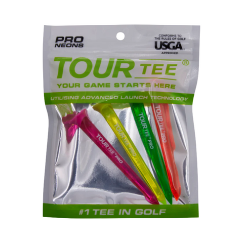 A clear Tour Tee package contains four durable, colorful golf tees—pink, green, yellow, and orange. The packaging highlights features like consistent ball height, PRO NEONS, USGA approved, and #1 Tee in Golf. Brand: Tour Tee.
