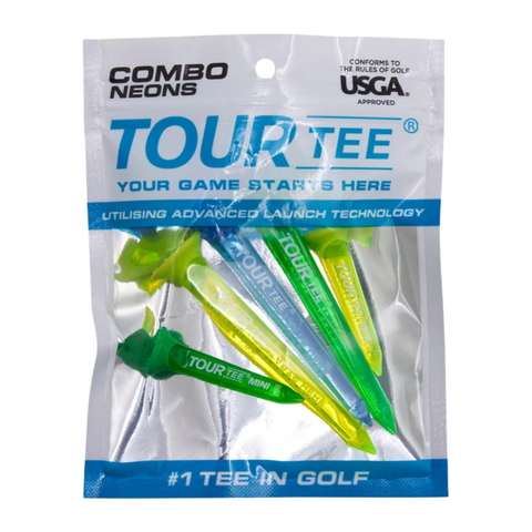 A clear plastic pack of durable Tour Tee Tour Tees Combo Neons in green, yellow, and blue features advanced launch technology for consistent ball height, is USGA-approved, and labeled as the #1 Tee in Golf.