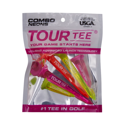 A pack of Tour Tee’s Combo Neons includes five durable golf tees in vibrant pink, yellow, and orange. Features advanced launch tech for consistent ball height. The #1 tee in golf from Tour Tee.