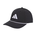 Front side view of black Adidas Tour five-panel cap with a white 3-stripe logo and thin white cord trim around the brim.