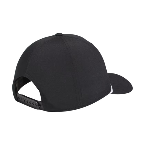 Back view of the black Adidas Tour five-panel cap featuring a black adjustable snapback closure and white cord trim visible around the brim.