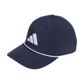 Front side view of the navy Adidas Tour five-panel cap with a white 3-stripe logo and thin white cord trim around the brim.