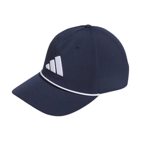 Front side view of the navy Adidas Tour five-panel cap with a white 3-stripe logo and thin white cord trim around the brim.