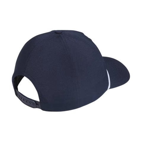 Back view of the navy Adidas Tour five-panel cap featuring a black adjustable snapback closure and white cord trim visible around the brim.