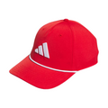 Red five-panel cap with a white Adidas logo on the front and a thin white cord trim around the brim. Structured design with embroidered ventilation holes on the top panels.