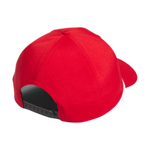 Back view of the red Adidas Tour five-panel cap featuring a black adjustable snapback closure.