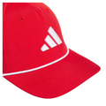 Close-up of the red Adidas Tour five-panel cap, showing the white Adidas logo and the thin white cord trim running along the brim.