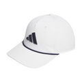 Side view of the white Adidas Tour five-panel cap with black Adidas logo and thin black cord trim around the brim.