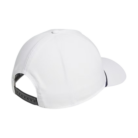 Back view of the white Adidas Tour five-panel cap featuring a black adjustable snapback closure.