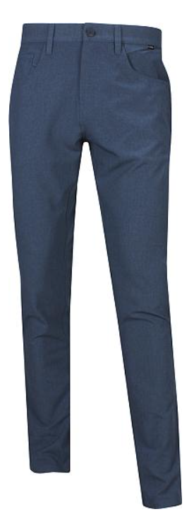 The Travis Mathew Men's Open to Close Pants in heather/navy are slim-fit formal golf pants featuring belt loops, front pockets, and a button waistband