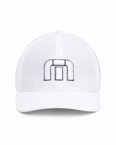 TravisMathew B-Bahamas Fitted Cap in White – front view on a clean white background