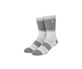 The TravisMathew Baja 2.0 Crew Socks in White/Grey feature horizontal stripes, a small circular logo, and cushioned comfort. Stylish and versatile, they’re perfect for golf or everyday wear. Shown on a plain white background.