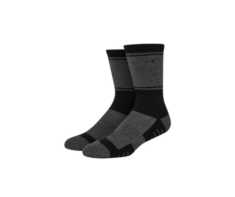 The TravisMathew Baja 2.0 Crew Socks in black feature reinforced toes, heels, and cuffs, a subtle striped design, textured comfort zones, and moisture-wicking fabric to keep your feet dry all day.