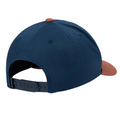 The TravisMathew Beerly Beloved Snapback Hat in Titan Blue features a brown button, brown curved brim, and adjustable snapback closure—shown from the back. Brand: Travis Mathew.