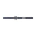The Travis Mathew Cheers 2.0 Stretch Woven Belt in Dark Blue/Dark Grey features a flexible woven design, silver rectangular buckle, and grey leather accent near the buckle. Stylish for golf, its shown on a white background.