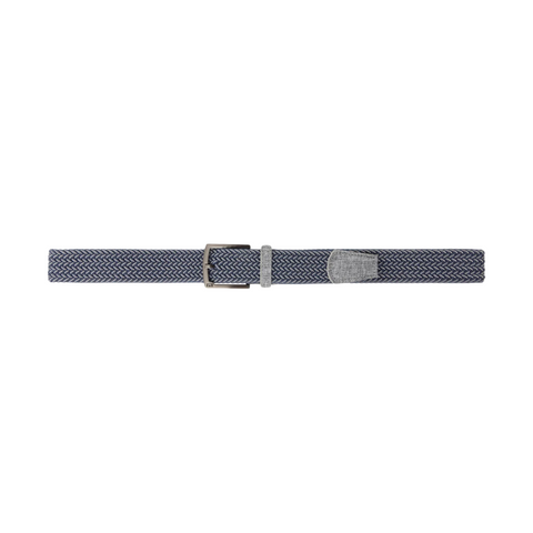 The Travis Mathew Cheers 2.0 Stretch Woven Belt in Dark Blue/Dark Grey features a flexible woven design, silver rectangular buckle, and grey leather accent near the buckle. Stylish for golf, its shown on a white background.