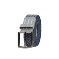 The Travis Mathew Cheers 2.0 Stretch Woven Belt in dark blue/dark grey features a flexible woven design with a silver buckle and chevron pattern, adding stylish comfort to your golf game.