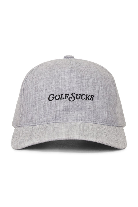 TravisMathew Golf Sucks Hat in Heather Grey with black embroidered Golf Sucks logo on the front.