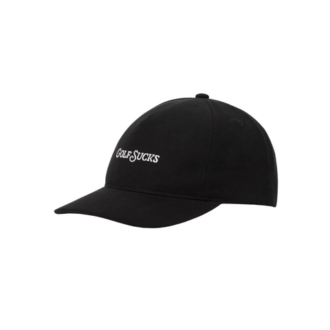 The Travis Mathew Golf Sucks Hat is a black snapback cap with GOLF SUCKS embroidered in white on the front, displayed against a plain white background.