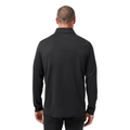 A man with short hair is seen from the back wearing a Travis Mathew Heater Pro 1/4 Zip Men’s Pullover in black, paired with black pants, standing against a white background.
