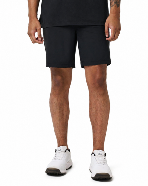 TravisMathew Hero Hour Men's Golf Shorts in Black – front view on a clean white background