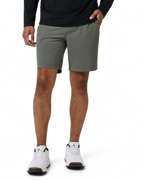 TravisMathew Hero Hour Men's Golf Shorts in Dark Olive – front view on a clean white background