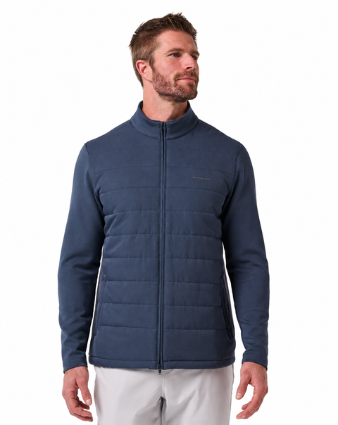 TravisMathew Point of Sail 2.0 Men's Jacket in Mood Indigo – front view on a clean white background
