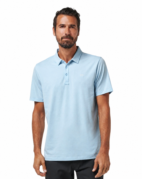 TravisMathew The Heater Men's Polo in Heather Dream Blue – front view on a clean white background