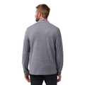 A man with short hair, facing away from the camera, wears a Travis Mathew TravisMathew The Heater Quarter Zip Mens Long Sleeve Polo in light gray and dark pants against a plain white background.