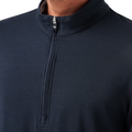 Close-up of a person wearing the Travis Mathew The Heater Quarter Zip Mens Long Sleeve Polo, featuring a high collar and subtle textured fabric. Only the neck and upper chest are shown, with the zipper partially fastened.