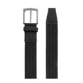 The Travis Mathew Voodoo 2.0 Stretch Woven Belt in black features a braided stretch design, a silver rectangular buckle, and a pointed tip for a modern look.
