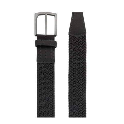 The Travis Mathew Voodoo 2.0 Stretch Woven Belt in black features a braided stretch design, a silver rectangular buckle, and a pointed tip for a modern look.