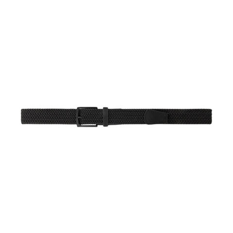 The TravisMathew Voodoo 2.0 Stretch Woven Belt in black is shown flat on a white background—a sleek, versatile golf belt from Travis Mathew featuring a rectangular buckle, ideal for any occasion.