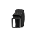 The TravisMathew Voodoo 2.0 Stretch Woven Belt in black features a matte black rectangular buckle—ideal for golf or as a stylish accessory. Shown upright on a white background, it blends performance and modern design from the Travis Mathew brand.