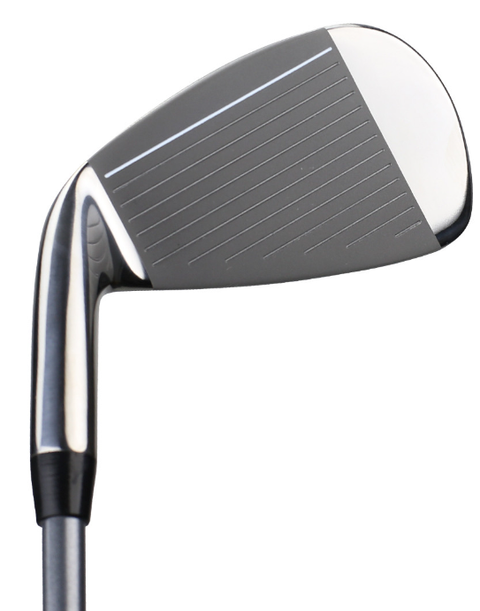 Front view of the US Kids 7 iron, showing the clubface with horizontal grooves and a polished chrome finish, designed for junior golfers.