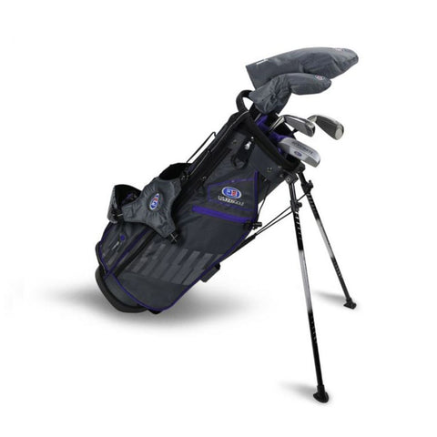 US Kids UL54-s grey and purple left-handed junior golf set shown with the stand bag legs open